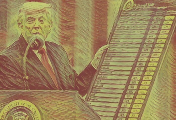 Donald Trump stands behind a podium, holding up a board of numbers.