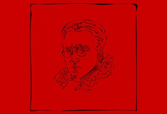 Against a solid red background, a black sketch of a person with short hair wearing pince-nez glasses.