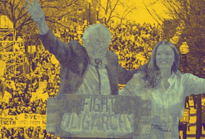 Bernie Sanders and AOC stand at a podium, edited over the background of a photo of a crowd holding signs.