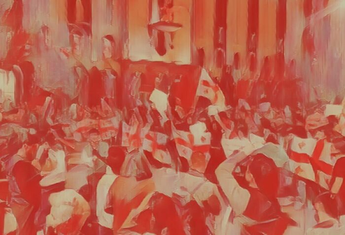 A crowd of people waving flags of the country of Georgia, with a paintstroke-filter effect.