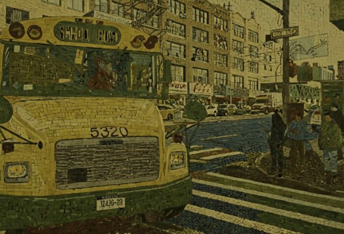 A photo of a school bus turning onto a street in a city. A mosaic-tile filter is over the whole image.