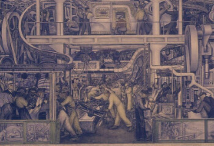 A mural depicting the inside of an industrial factory.
