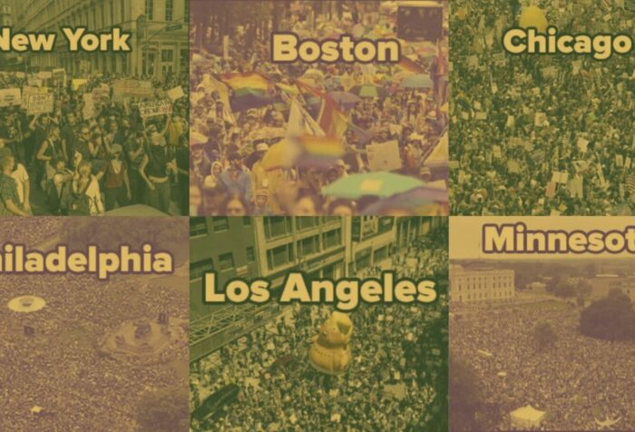 A collage of different protest crowds from different cities with the names of each city over each photo.