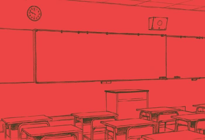 A sketch of a classroom against a red background. Empty desks face a short podium in front of a wall with a board, a clock and speaker above the board, and a closed door next to it.