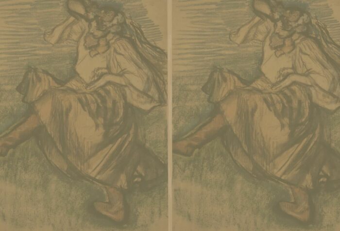 A painting of a dancer with a flowing skirt, duplicated twice next to each other. Image overlaid with a thick yellow filter.