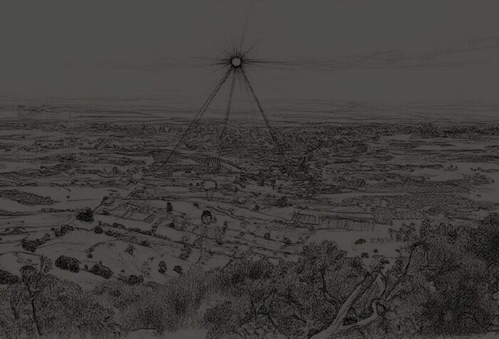 A black and white sketch of rolling hills, fields, and houses.