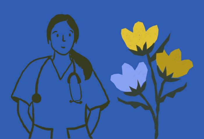 Solid blue background. Against it, a grey sketch of a nurse on the left, and a sketch of 3 flowers on the right.