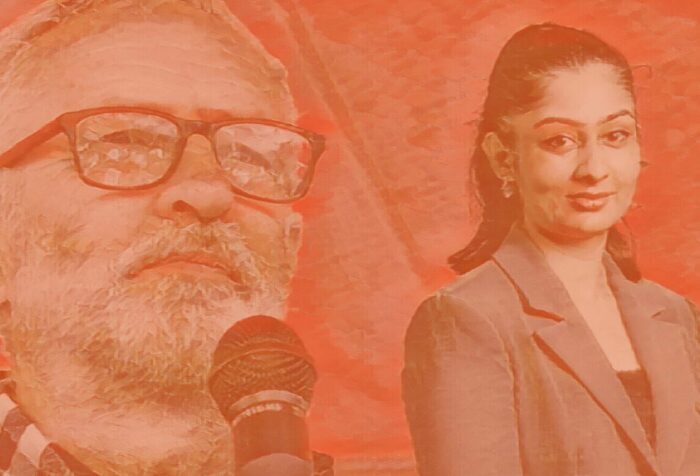 On the left, a close-up of Jeremy Corbyn's face looking off to the right. On the right, a headshot of Zarah Sultana looking at the camera. The image is filtered in orange.