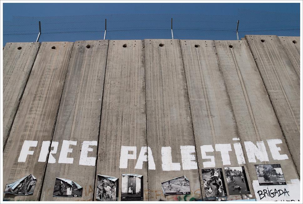 Large gray concrete wall looms overhead, and “Free Palestine” is painted across the bottom.