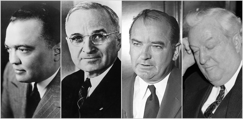 Four black and white close-up head shots of men in suits.