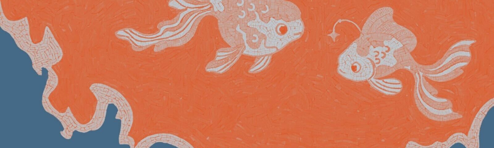 A mosaic image of two goldfish facing each other against a background of orange, above a wavy strip of blue.