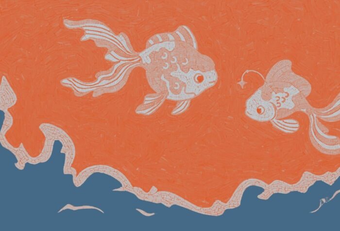 A mosaic image of two goldfish facing each other against a background of orange, above a wavy strip of blue.