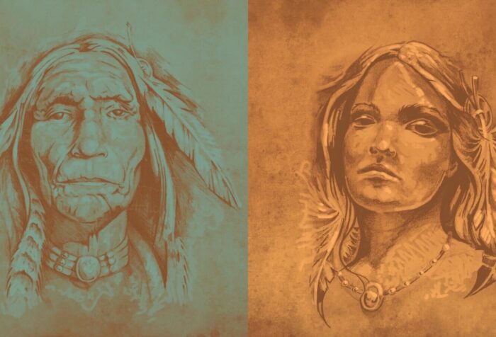 Two sketch-style portraits of indigenous people, each with feathers in their hair and wearing a necklace. The portrait to the left is filtered in green, the portrait to the right is filtered in orange.