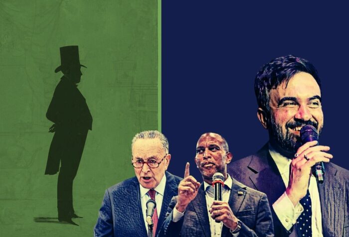 The left half of the image has a green background with a silhouette of a businessman in a top hat. The right half has a dark blue background with overlayed cutout photos of Zohran Mamdani, Chuck Schumer, and Hakeem Jeffries each speaking at microphones.