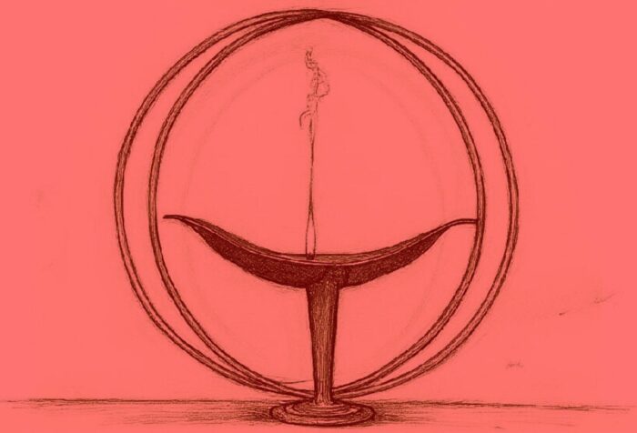 A drawing of a candle lit inside a chalice, against a plain, pinkish-red background.