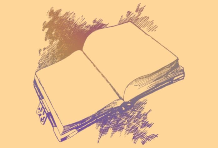 A sketch of an open book with blank pages and a latch on the cover. The whole image is a pale yellow.