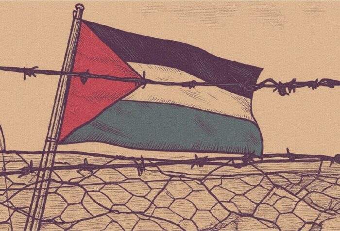A drawing of a Palestinian flag waving behind a barbed-wire fence.