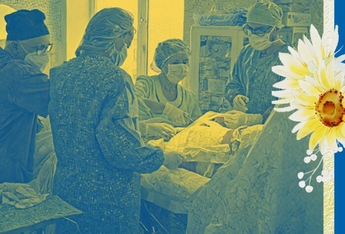 A photo of surgeons wearing masks standing over a patient they are operating on. The picture is filtered in blue and yellow. To the right, flowers are imposed over the photo.