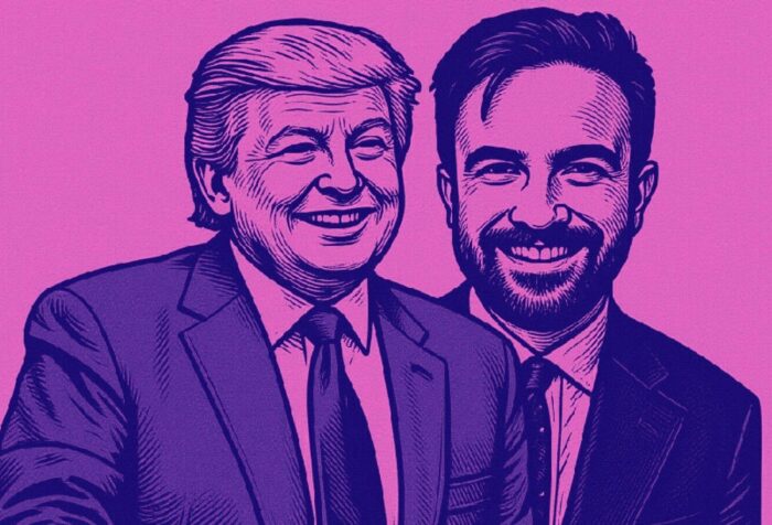 Against a bright pink background are two sketchlike drawings in navy of Donald Trump and Zohran Mamdani.