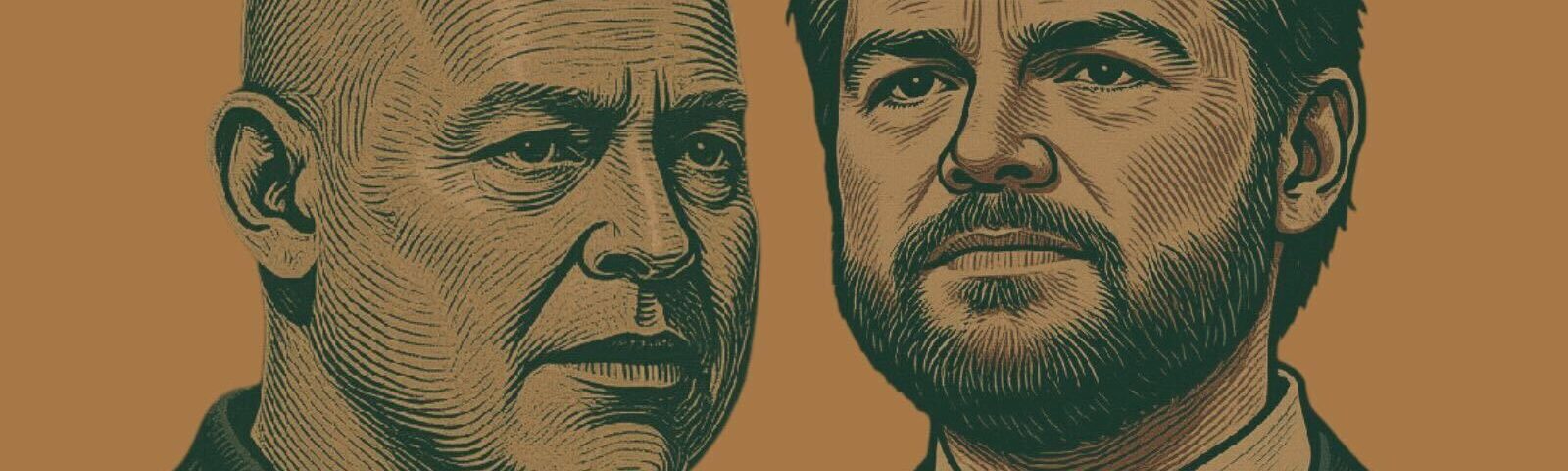 Mustard background. A sketch-effect image of Sean O'Brien on the left, facing to the right, and J.D. Vance on the right, facing to the left.
