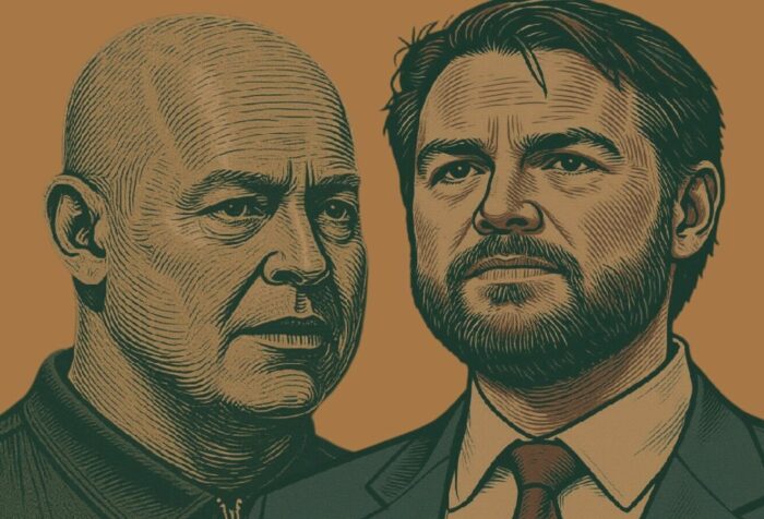 Mustard background. A sketch-effect image of Sean O'Brien on the left, facing to the right, and J.D. Vance on the right, facing to the left.