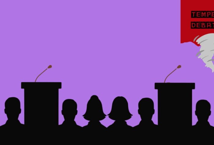 A vibrant purple background. Against it are black silhouettes of people and podiums. In the top right is a red square with a small graphic of a tornado below black text reading "Tempest Debates."