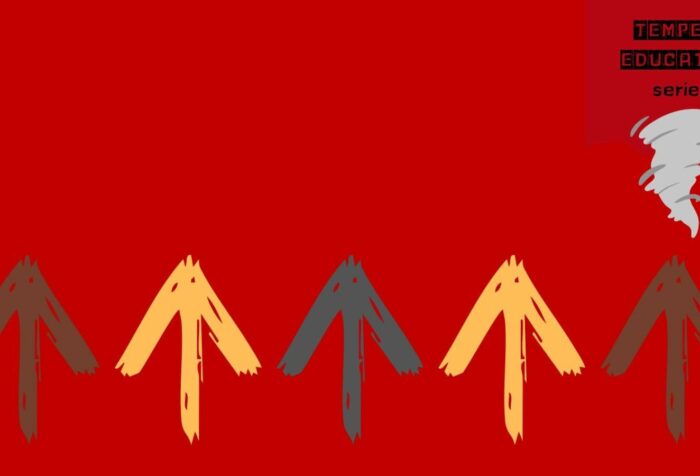 Red background. 5 arrows alternating in grey and yellow point upwards from below. In the top right is a small graphic of a tornado below black text reading "Tempest Education Series."