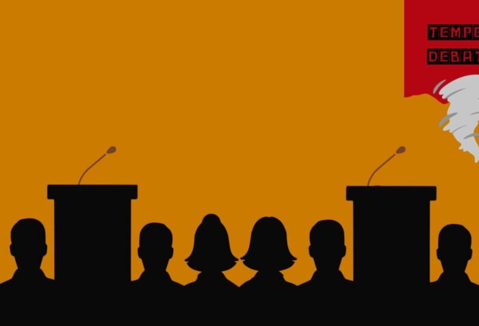 A dusky orange background. Against it are black silhouettes of people and podiums. In the top right is a red square with a small graphic of a tornado below black text reading "Tempest Debates."