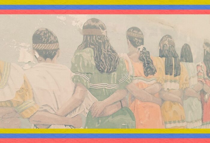 A photo of a mural on a wall. In the mural, we see a line of people with their backs turned towards us and their hands around each other's backs. Across the top and bottom of the photo are a banner of yellow, blue, and red stripes of the flag of Venezuela.