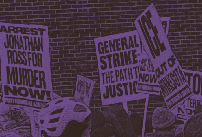 A purple-filtered photo of protest signs reading things like "General strike", "ICE out of Minnesota", and "Arrest Jonathan Ross for Murder Now"