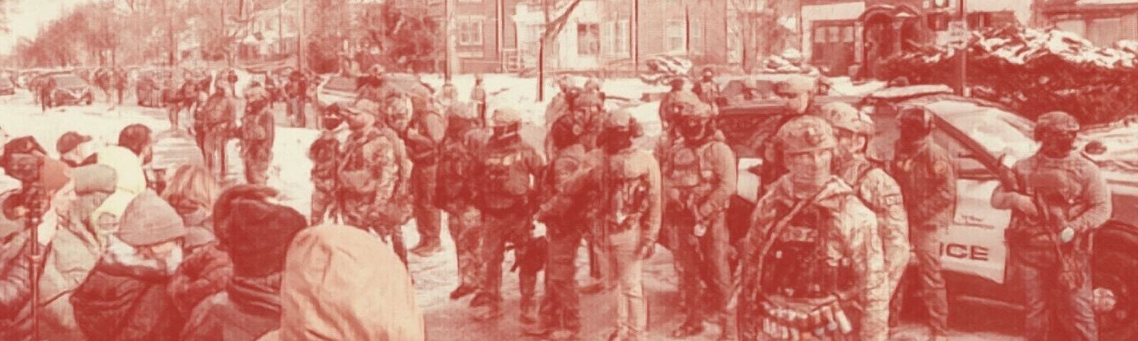 On a street of houses, a row of police and police cars faces a group of people. The photo is filtered with a cream and brown color filter.