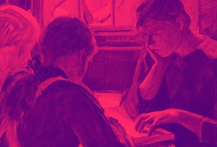 A painting of three people sitting face to face over a table, looking down at a book. A pink filter over the photo.