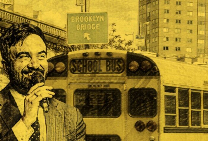 A yellow-filtered image of a school bus transposed next to the face of Zohran Mamdani speaking on a microphone transposed in front of a sign of the brooklyn bridge.