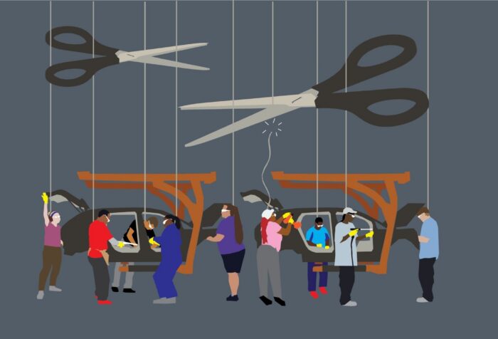 Grey background. In the foreground are cartoon images of a diverse set of workers working on a car assembly line. Each worker has a string attached to them to the ceiling, and scissors are cutting the strings.