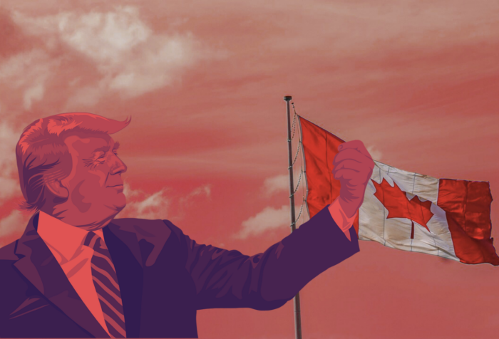 A collage of Donald Trump grasping for a Canadian flag, with a red filter over the image.