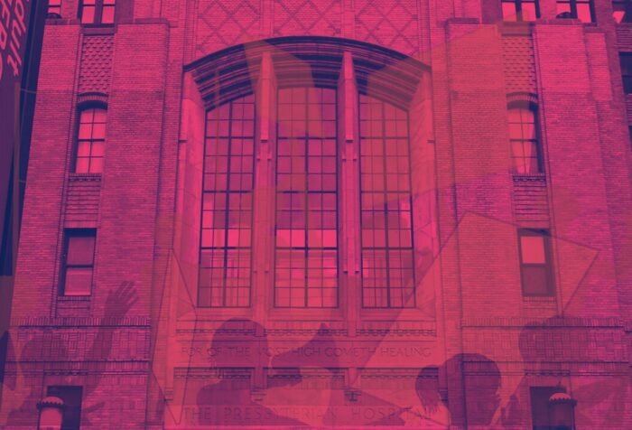 A pink-filtered photo of a hospital building overlayed with outlines of people carrying signs.