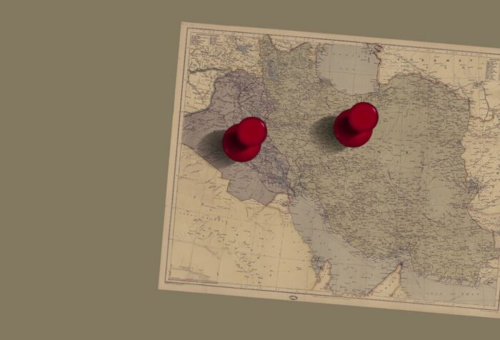 A map of Iran and Iraq with two red pins in the map.