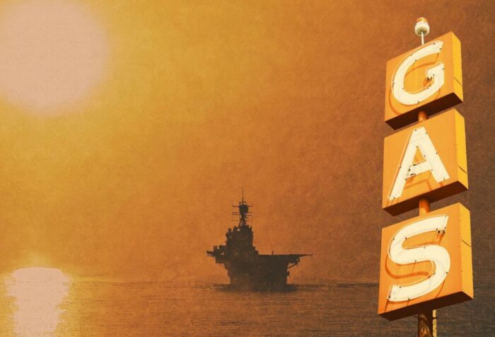 An orange-tinted collage of an oil tanker on the ocean and a gas sign to its right.