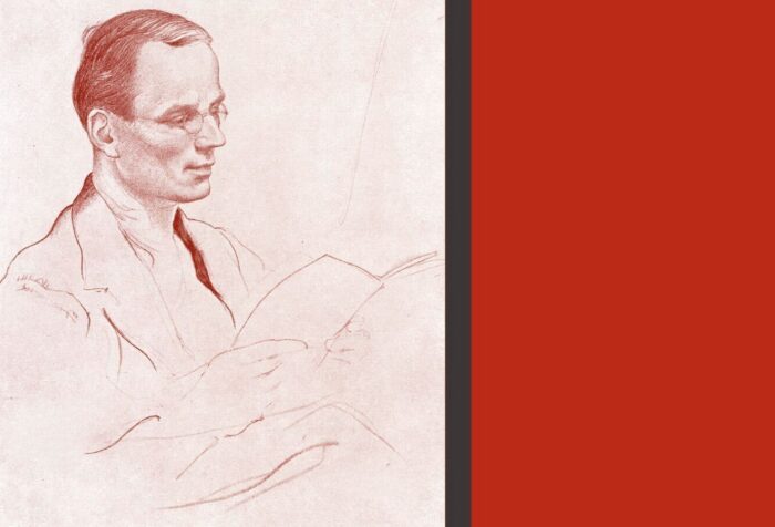 A pencil drawing of a man in glasses reading a book.