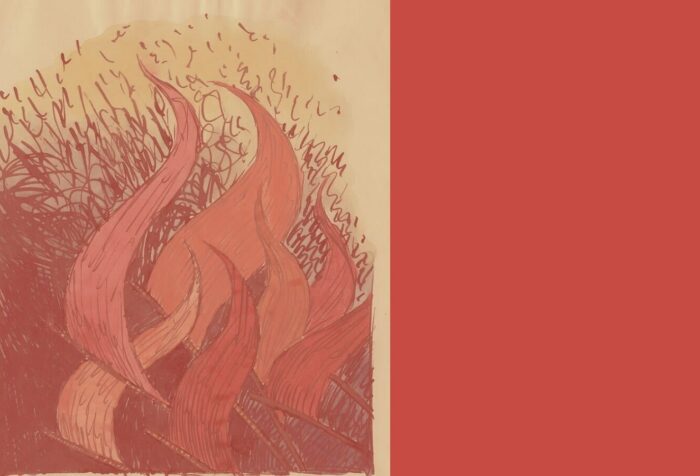 A drawing of red, waving flags.