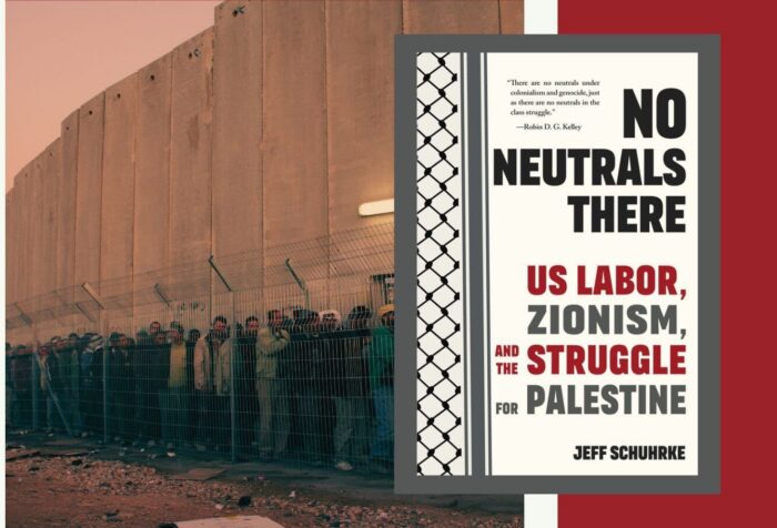 A photo of a line of people at a checkpoint. In front of it, the book cover for "No neutrals there."