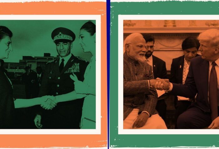 A photo of Modi and Trump shaking hands next to a photo of Mohammad Reza Pahlavi, Farah Pahlavi, and Indira Gandhi.