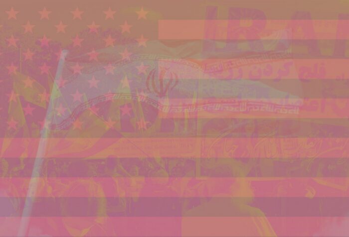 An orange-tinted overlay of a U.S. flag, an Iranian flag, and a crowd.