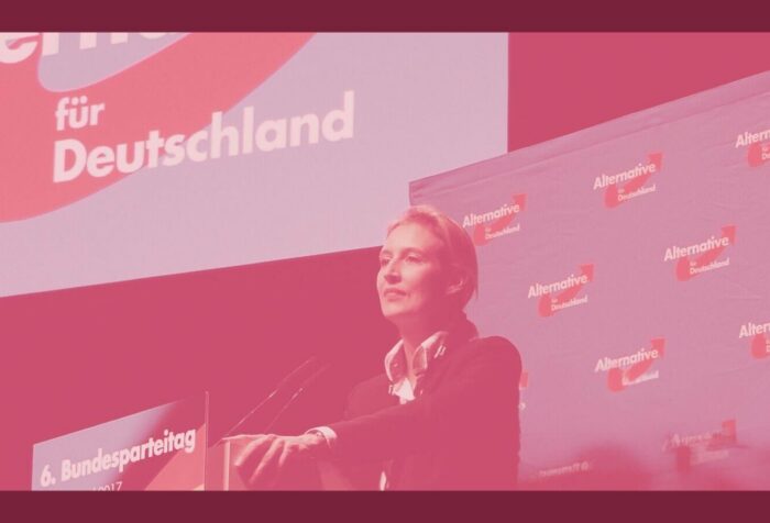 A pink filtered photo of a woman standing in front of a sign saying 'alternative für deutschland'