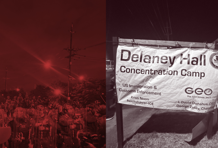 A photo of a crowd of riot cops next to a photo of a sign reading "Delaney Hall Concentration Camp".
