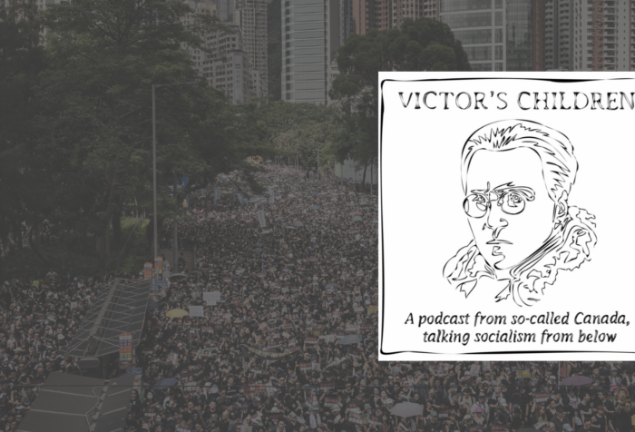 A photo of a crowd of people with the logo for the podcast Victor's Children on the right.