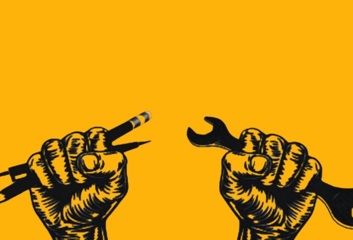 A black graphic of a fist holding a pen and pencil, and a fist holding a wrench, against a yellow background.