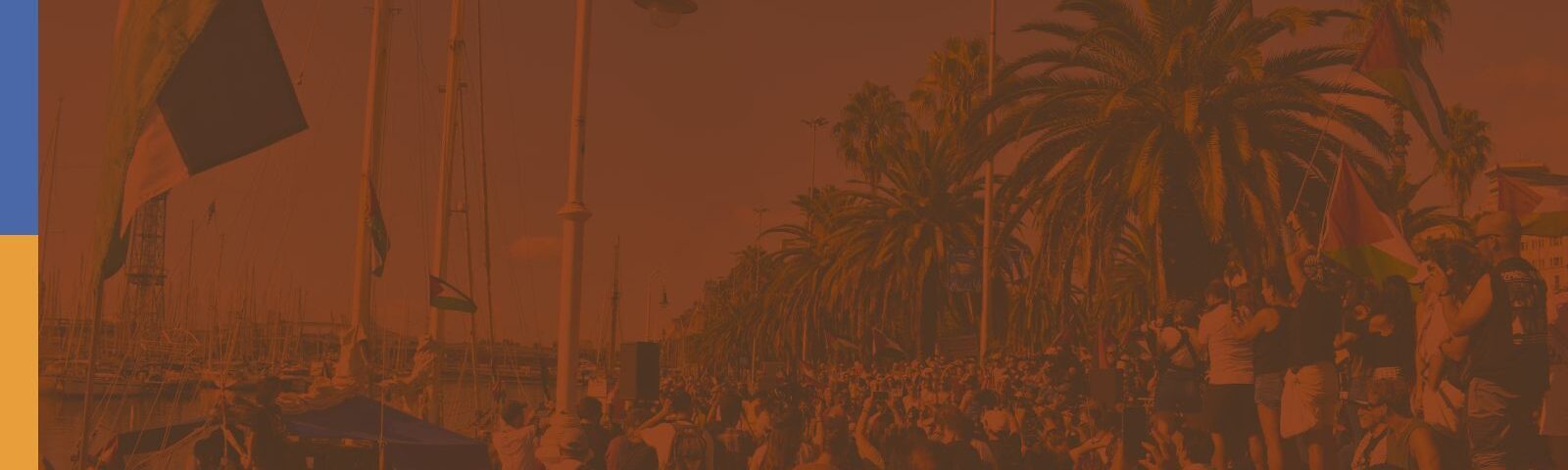 A crowd of people by the shore under palm trees waving Palestine flags.