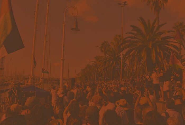 A crowd of people by the shore under palm trees waving Palestine flags.