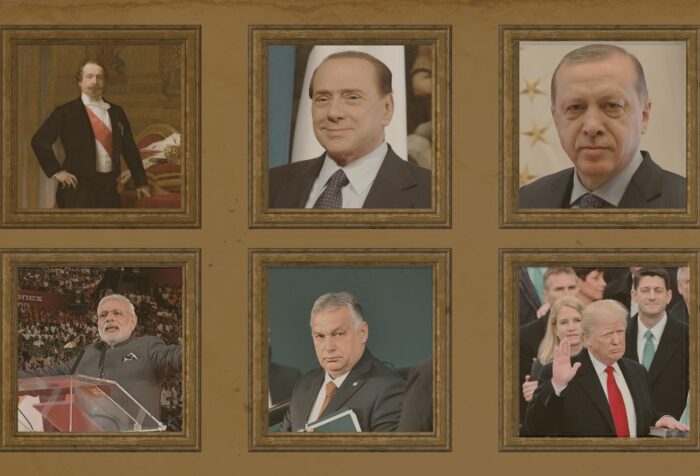 Photos in picture frames of Napoleon III Silvio Berlusconi Tayyip Erdoğan Narendra Modi Viktor Orbán and Donald trump